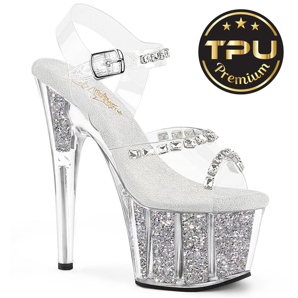 ADORE-708PREM-STNG Sandalette Plateauschuhe Transparent Glitzer | Pleaser