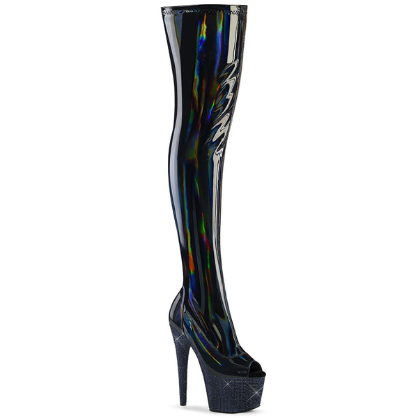 BEJEWELED-3011-7 Plateau Peeptoe Overknee Stiefel Schwarz Glitzer Lack Holo Strass von Pleaser