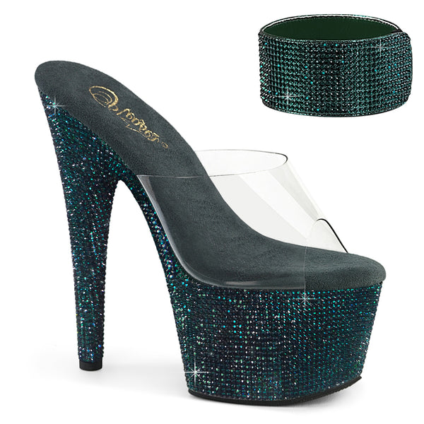 BEJEWELED-712RS Plateau Pantoletten Transparent Grün Strass von Pleaser