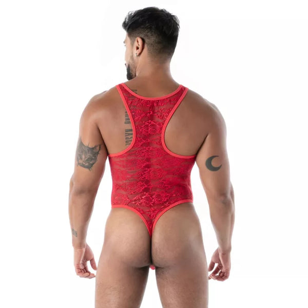 Rotes Fluid Lace Open Bodythong-Singlet von TOF Paris – Ansicht 2