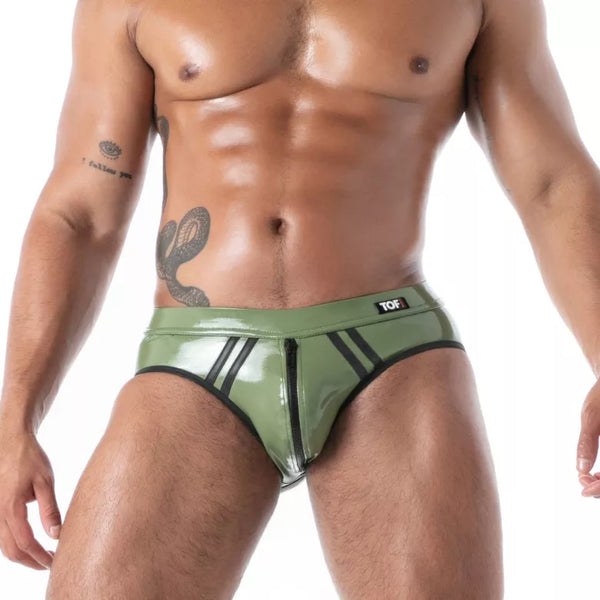 Khakifarbener Bottomless Latex Second Skin-Slip von TOF Paris – Ansicht 2