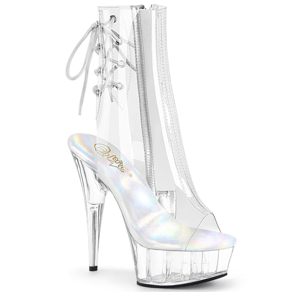 DELIGHT-1018C - Plateau High Heel Stiefeletten Peeptoe mit offener Verse - Transparent EUR 40 | Pleaser SALE