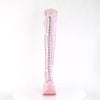 DYNAMITE-300 Plateau Overknee Stiefel Schnürung rosa Lack Stern Holo Effekt | DemoniaCult