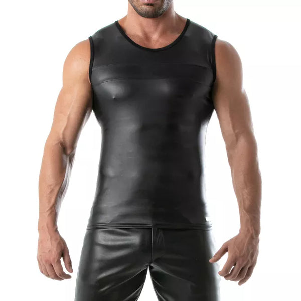Schwarzes figurbetontes Tanktop in aufregender Lederoptik von TOF Paris – Ansicht 2