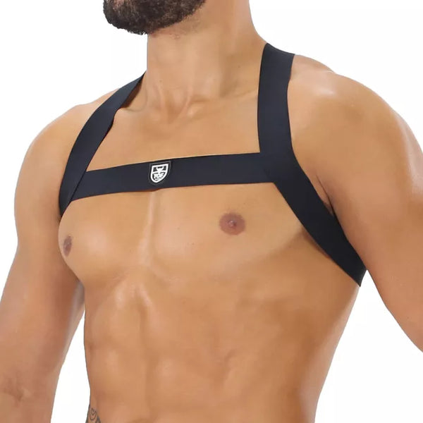 Schwarzes Fetish Elastic Harness mit perfekter Bewegungsfreiheit von TOF Paris – Ansicht 3