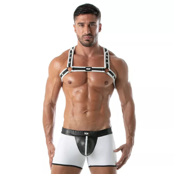 Weißes markantes Neoprene Bulldog Harness mit Premium Verarbeitung von TOF Paris – Ansicht 2
