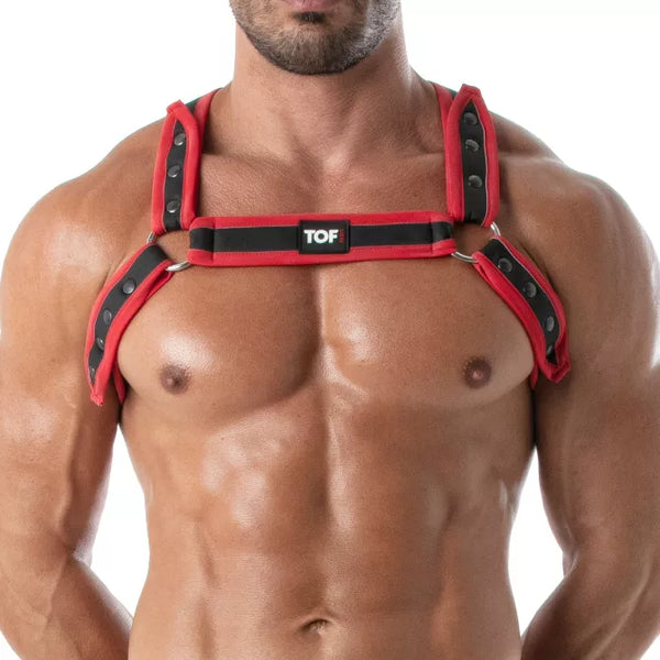 Rotes verführerisches Neopren Harness für maskuline Akzente von TOF Paris