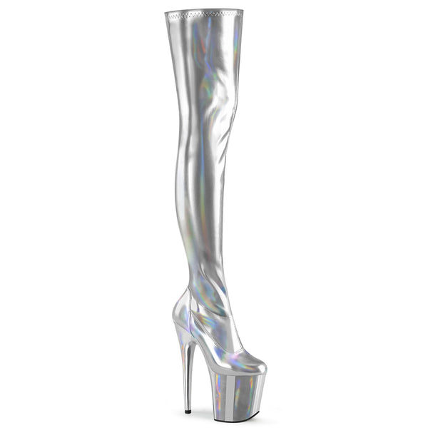 FLAMINGO-3000HWR Overknee Plateau Stiefel Silber von Pleaser