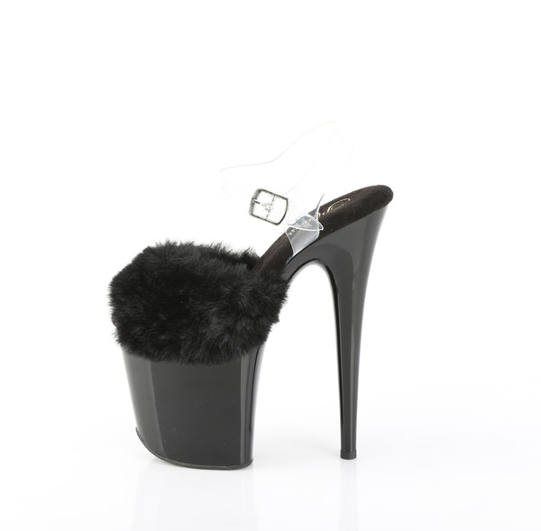 FLAMINGO-808FUR Plateau Sandaletten Schwarz Lack Kunstfell | Pleaser