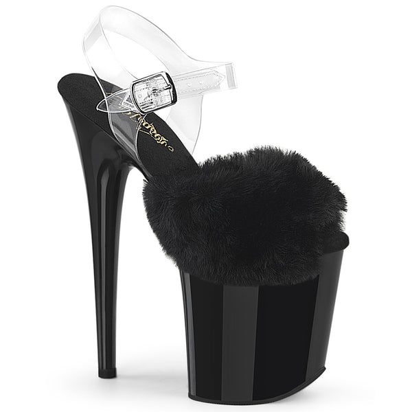 FLAMINGO-808FUR Plateau Sandaletten Schwarz Lack Kunstfell | Pleaser