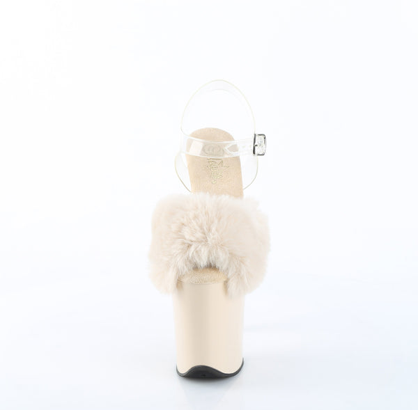 FLAMINGO-808FUR Plateau Sandaletten Beige Lack Kunstfell | Pleaser