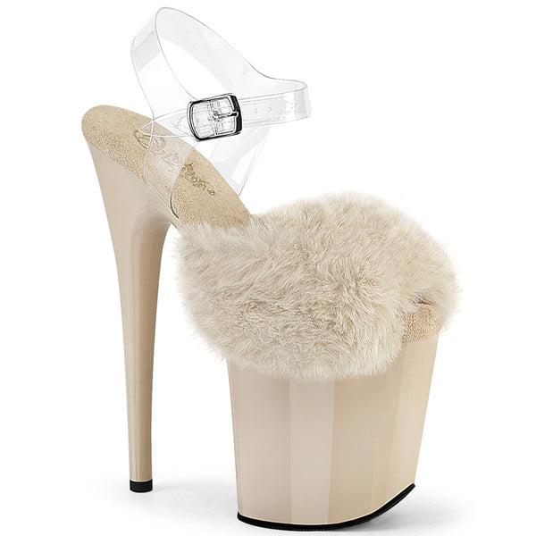FLAMINGO-808FUR Plateau Sandaletten Beige Lack Kunstfell | Pleaser