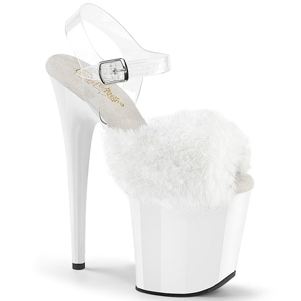 FLAMINGO-808FUR Plateau Sandaletten Weiß Lack Kunstpelz | Pleaser