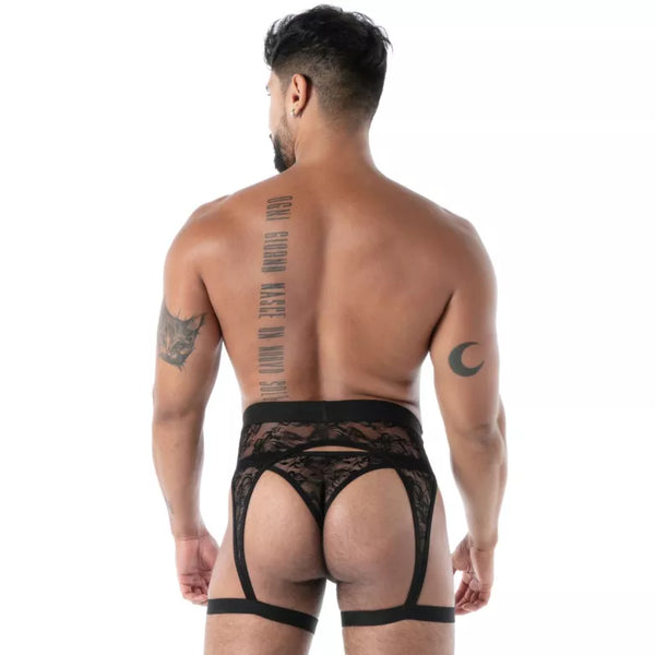 Schwarzes Fluid Lace Garter Strap im verführerischen Spitzen Design von TOF Paris – Ansicht 3