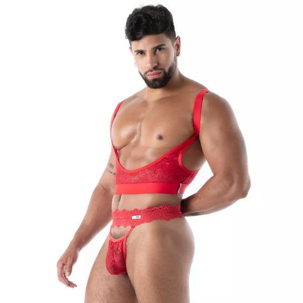 Rotes Fluid Lace Garter Strap-Harness von TOF Paris – Ansicht 5