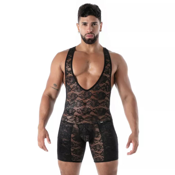 Schwarzes Fluid Lace Pocket Open Wrestling-Singlet von TOF Paris