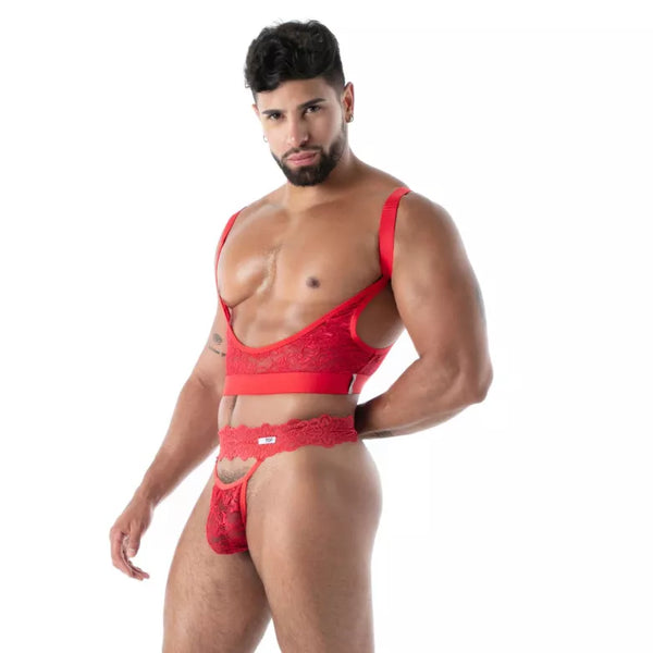 Roter Spitzen-String aus Fluid Lace von TOF Paris – Ansicht 3