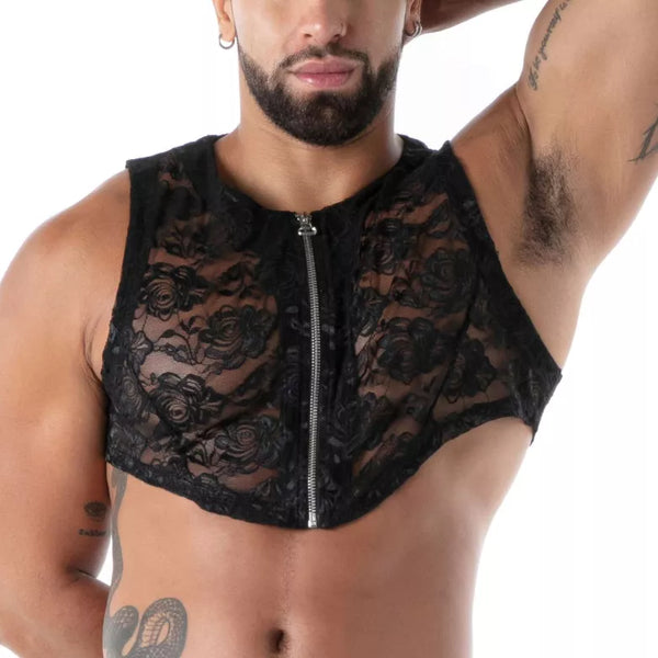 Schwarzes Fluid Lace Zipped-Crop-Top von TOF Paris – Ansicht 2