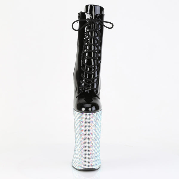 FORBIDDEN-1020BEJ Plateau Pony Stiefeletten - Schwarz Lack/Silber Strass von Pleaser – Ansicht 2