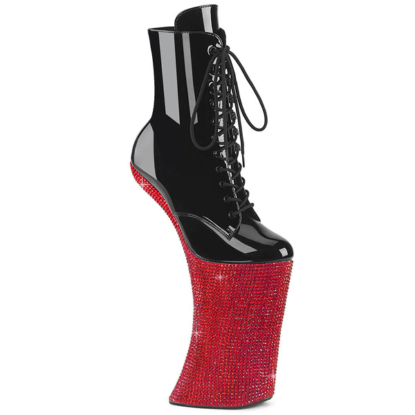 FORBIDDEN-1020BEJ Plateau Pony Stiefeletten - Schwarz Lack/Rot Strass von Pleaser