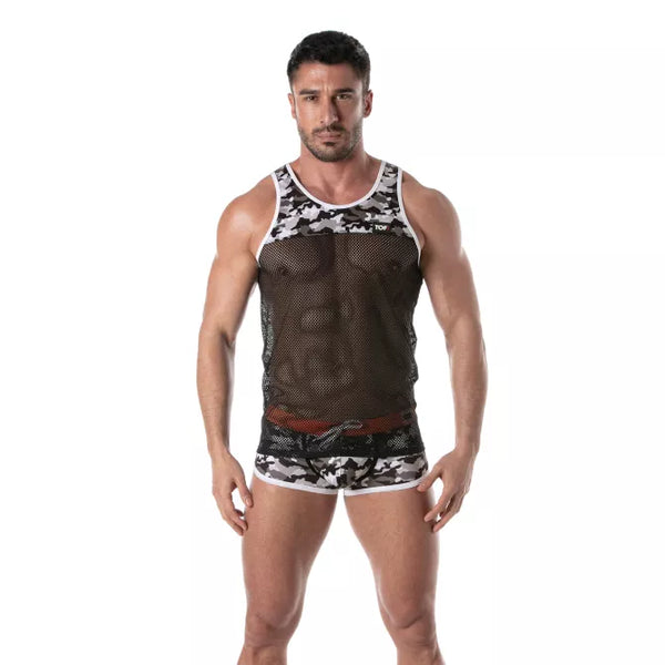 Graues verführerisches Tank Top mit maskulinem Muster von TOF Paris – Ansicht 2