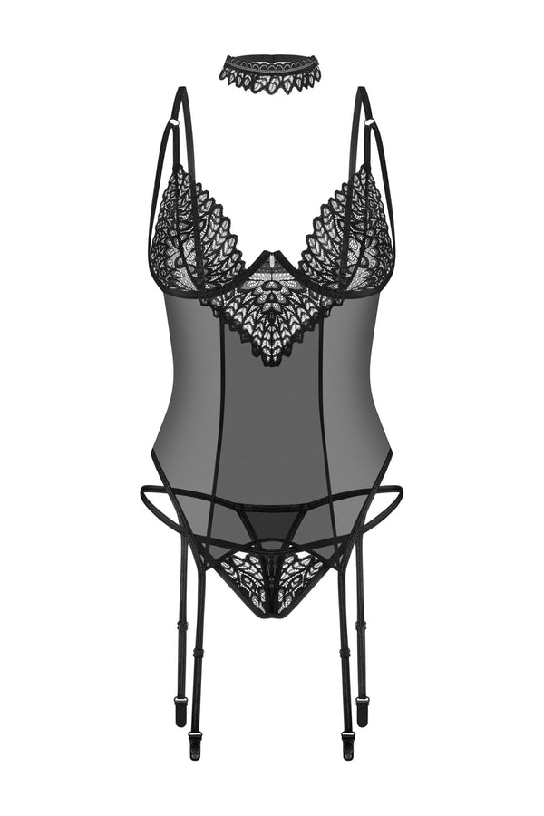 Schwarze verführerische Strapscorsage mit eleganter Schnürung von Obsessive – Ansicht 5