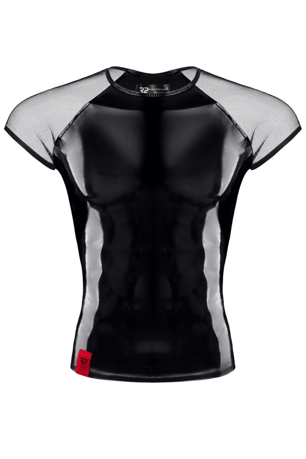 Schwarzes glänzendes Lackshirt mit transparenten Mesh Details von Regnes Fetish Planet – Ansicht 2