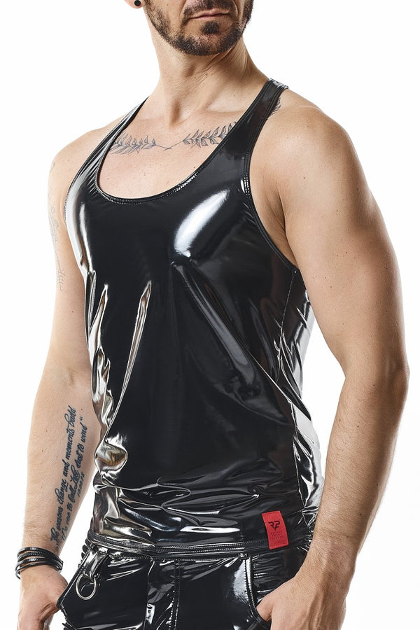 Schwarzes verführerisches Tanktop aus glänzendem Lack Material von Regnes Fetish Planet