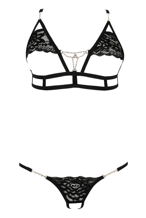 Schwarzes funkelndes Spitzen Set mit raffinierten Riemchen und offenem String von Anais apparel – Ansicht 3