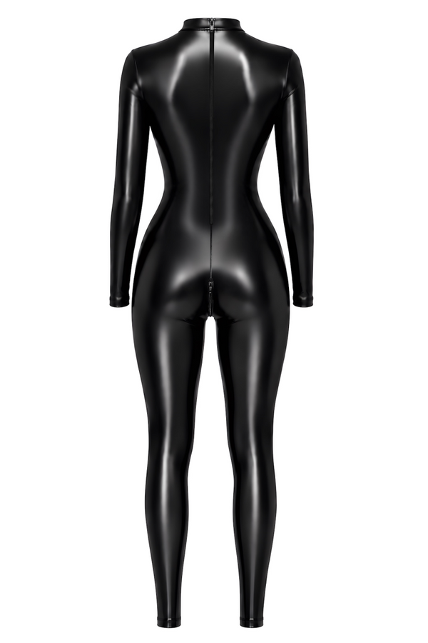 Schwarzer figurbetonter Ganzkörper Overall aus glänzendem Powerwetlook von Noir Handmade – Ansicht 2