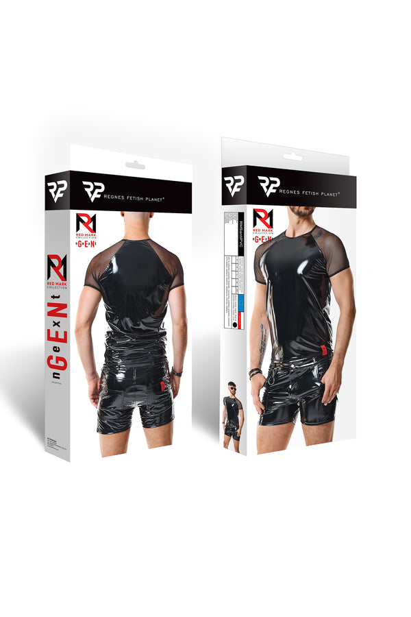 Schwarzes glänzendes Lackshirt mit transparenten Mesh Details von Regnes Fetish Planet – Ansicht 9