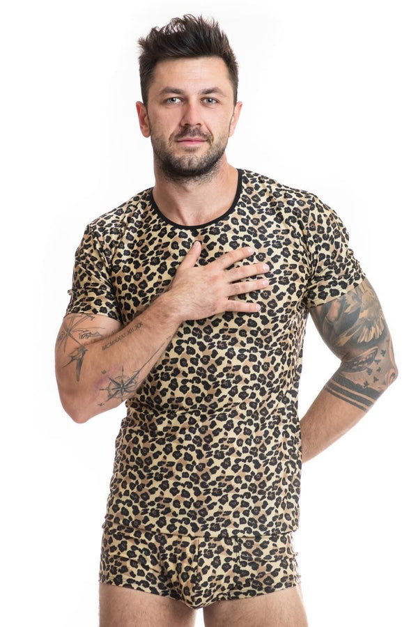 Leopardfarbenes aufregendes figurbetontes T-Shirt mit wildem Print von Anais for Men