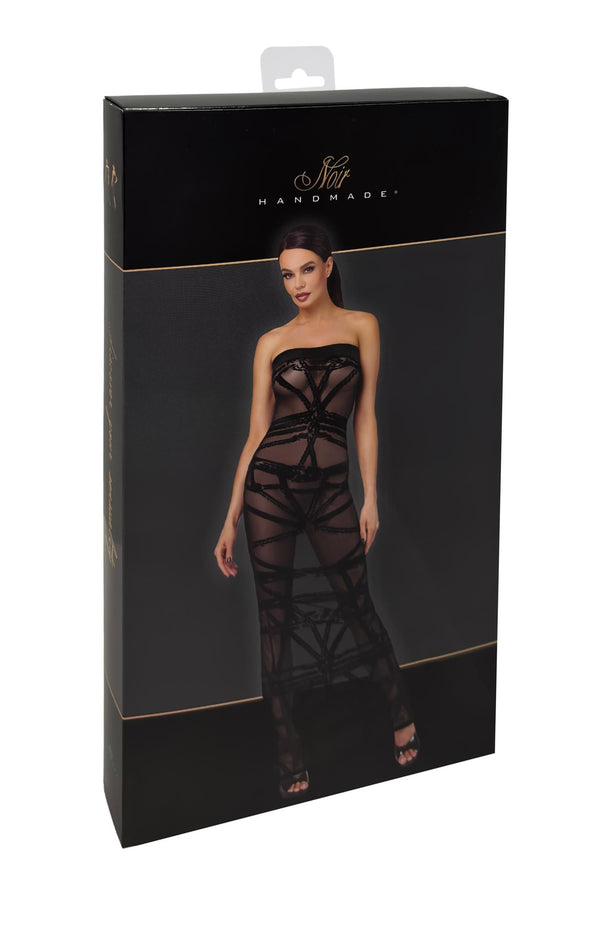 Verführerisches schwarzes Off-Shoulder Bondesque langes Wetlook Kleid von Noir Handmade – Ansicht 11