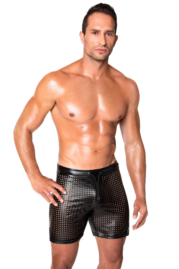 Perforierte Herren-Shorts mit Kunstleder-Akzenten und Reißverschluss von Noir Handmade Men – Ansicht 8