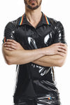PVC Poloshirt mit Regenbogenfahne und Metallring von Regnes Fetish Planet – Ansicht 8