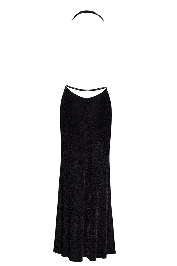 Sinnliches schwarzes Onyx Liquid Maxi-Kleid mit Drapierung von Noir Handmade – Ansicht 4