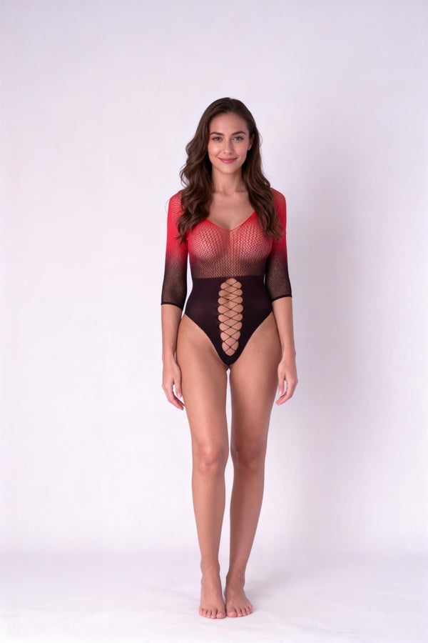 Schwarzer roter verführerischer Body aus feinem Netzstoff von Passion – Ansicht 5