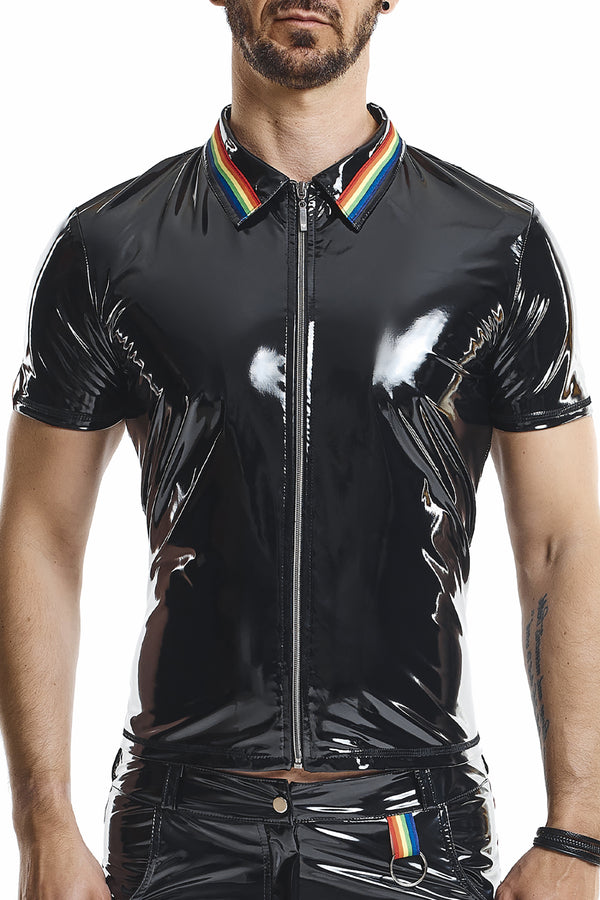 Herren Poloshirt mit Regenbogen-Kragen und Reißverschluss von Regnes Fetish Planet – Ansicht 8