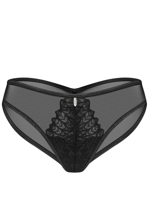 Schwarzer aufregender transparenter Slip mit edlen Stickereien und Po Raffung | Obsessive