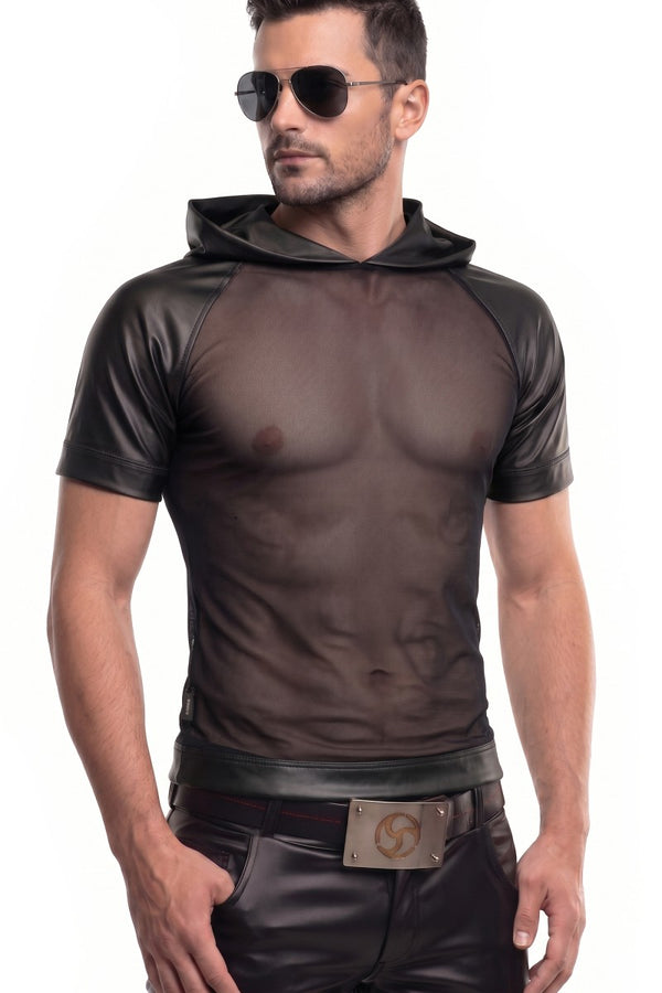 Schwarzes transparentes Herren-Shirt mit kapuze und wetlook details von Regnes Fetish Planet