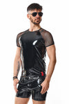 Schwarzes glänzendes Lackshirt mit transparenten Mesh Details von Regnes Fetish Planet – Ansicht 5