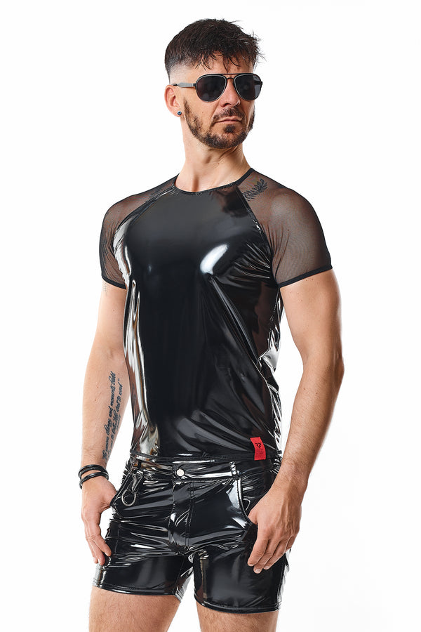 Schwarzes glänzendes Lackshirt mit transparenten Mesh Details von Regnes Fetish Planet – Ansicht 5