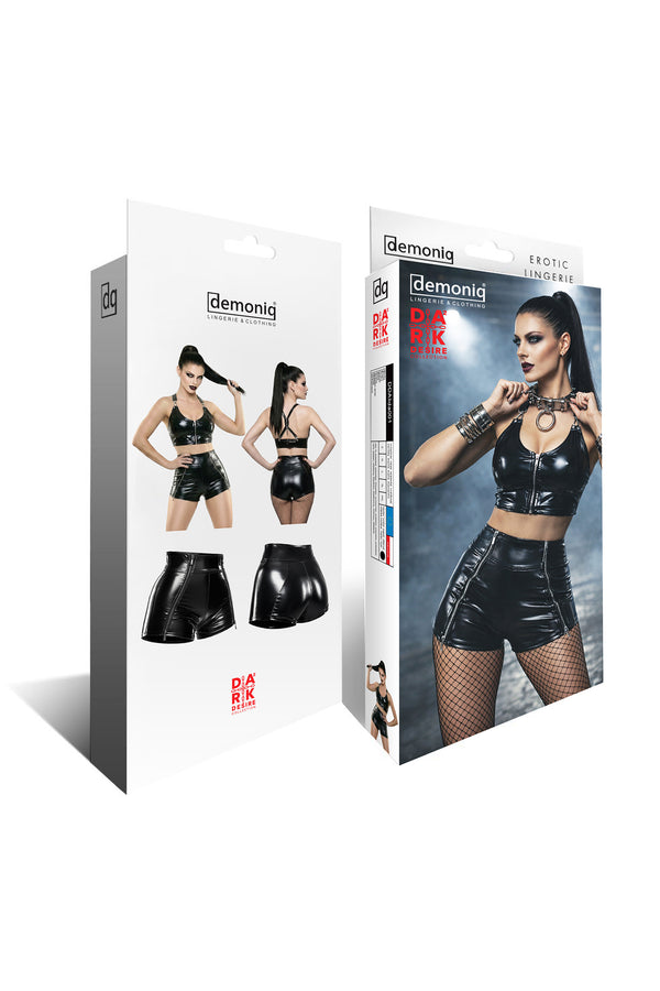 Schwarze verführerische Shorts mit markanten Zier-Reißverschlüssen und Gesäßbetonung von Demoniq – Ansicht 9