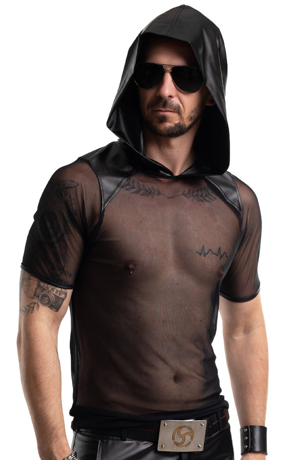 Schwarzes verführerisches Kapuzenshirt aus feinem Netzmaterial von Regnes Fetish Planet – Ansicht 5