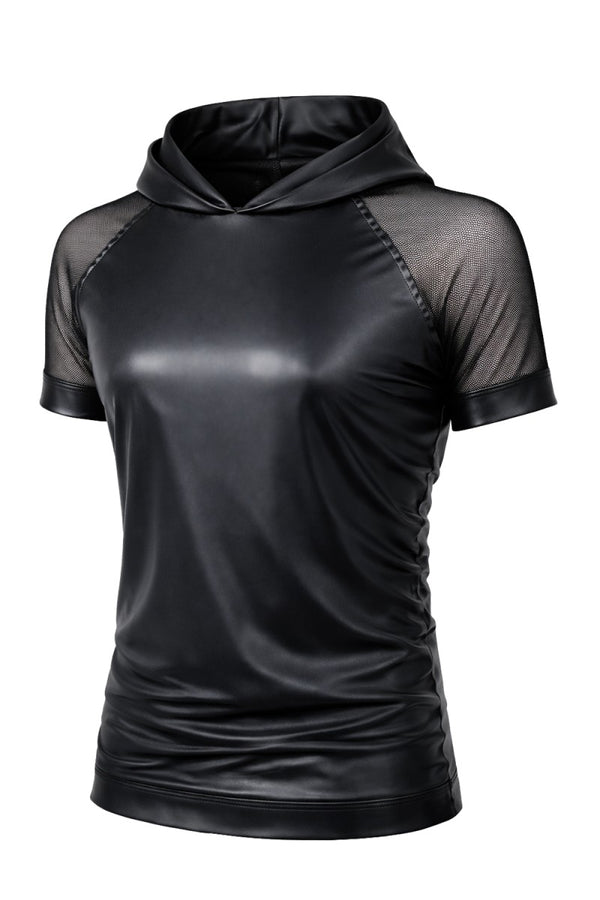 Schwarzes aufregendes Herren-Shirt mit kapuze und transparenten ärmeln von Regnes Fetish Planet – Ansicht 2
