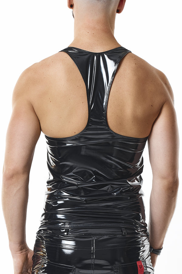 Schwarzes verführerisches Tanktop aus glänzendem Lack Material von Regnes Fetish Planet – Ansicht 3