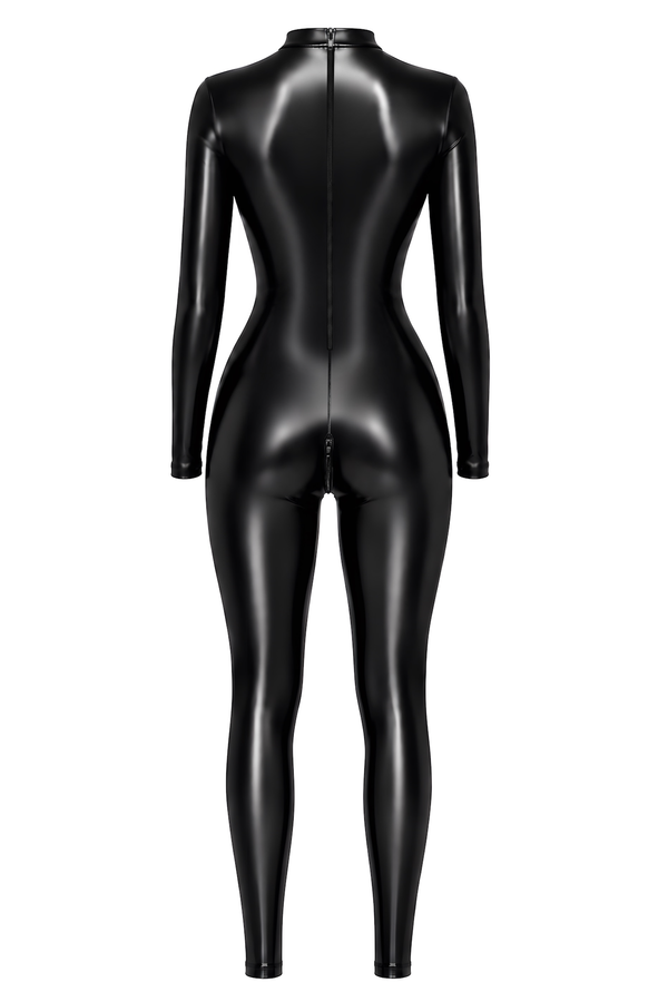 Schwarzer figurbetonter Ganzkörper Overall aus glänzendem Powerwetlook von Noir Handmade – Ansicht 9