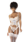 Weißes sinnliches Spitzen Bustier Set mit blauer Satinschnürung und Strapsgürtel | Mapale