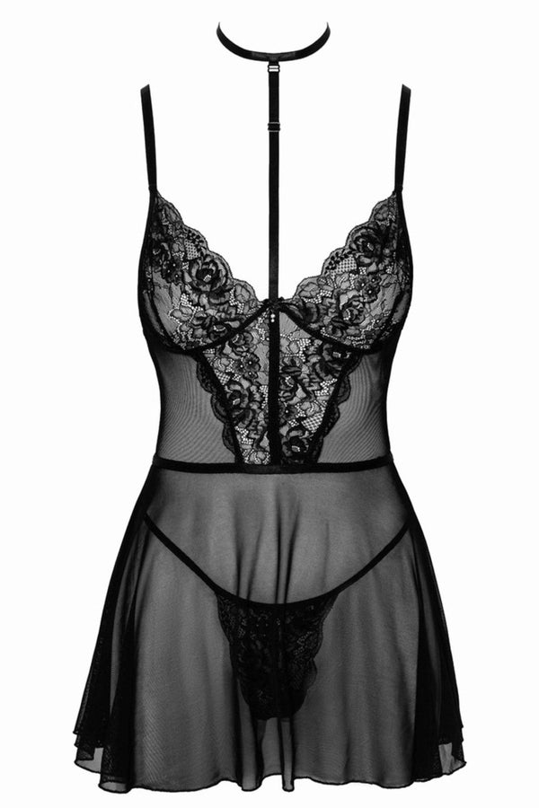 Schwarzes sinnliches transparentes Negligee mit verstellbarem Neckholder Verschluss von Kissable – Ansicht 2