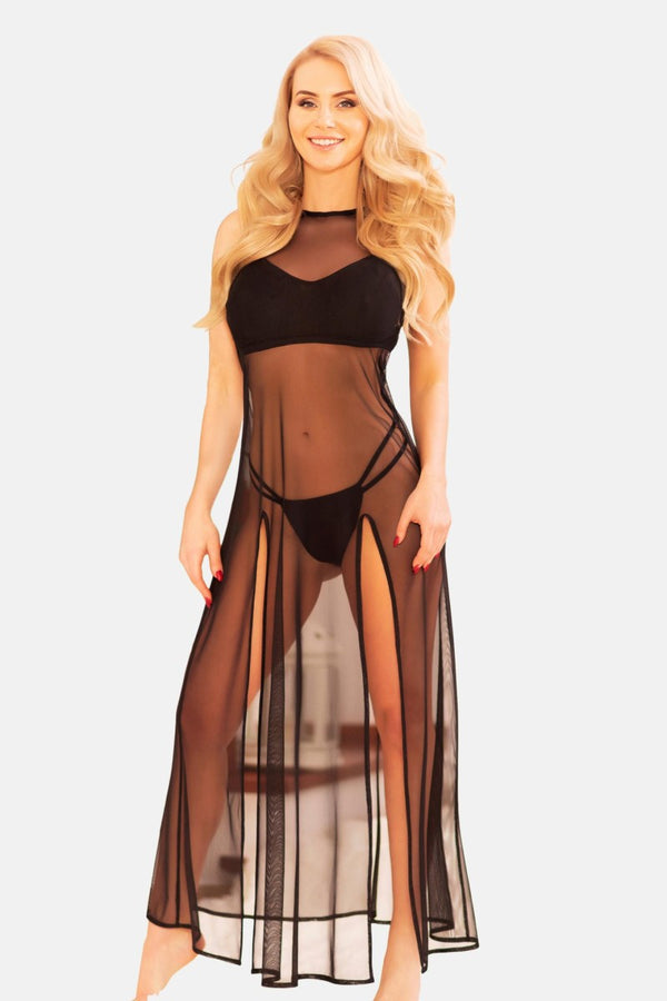 Schwarzes atemberaubendes transparentes Abendkleid aus weichem Tüll von Kalimo – Ansicht 2